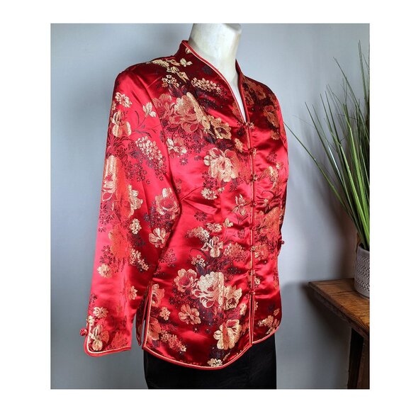 Satin Chinese Mandarin Top Long Sleeves XXL Embroidered Ruby Red Vintage - Picture 2 of 10